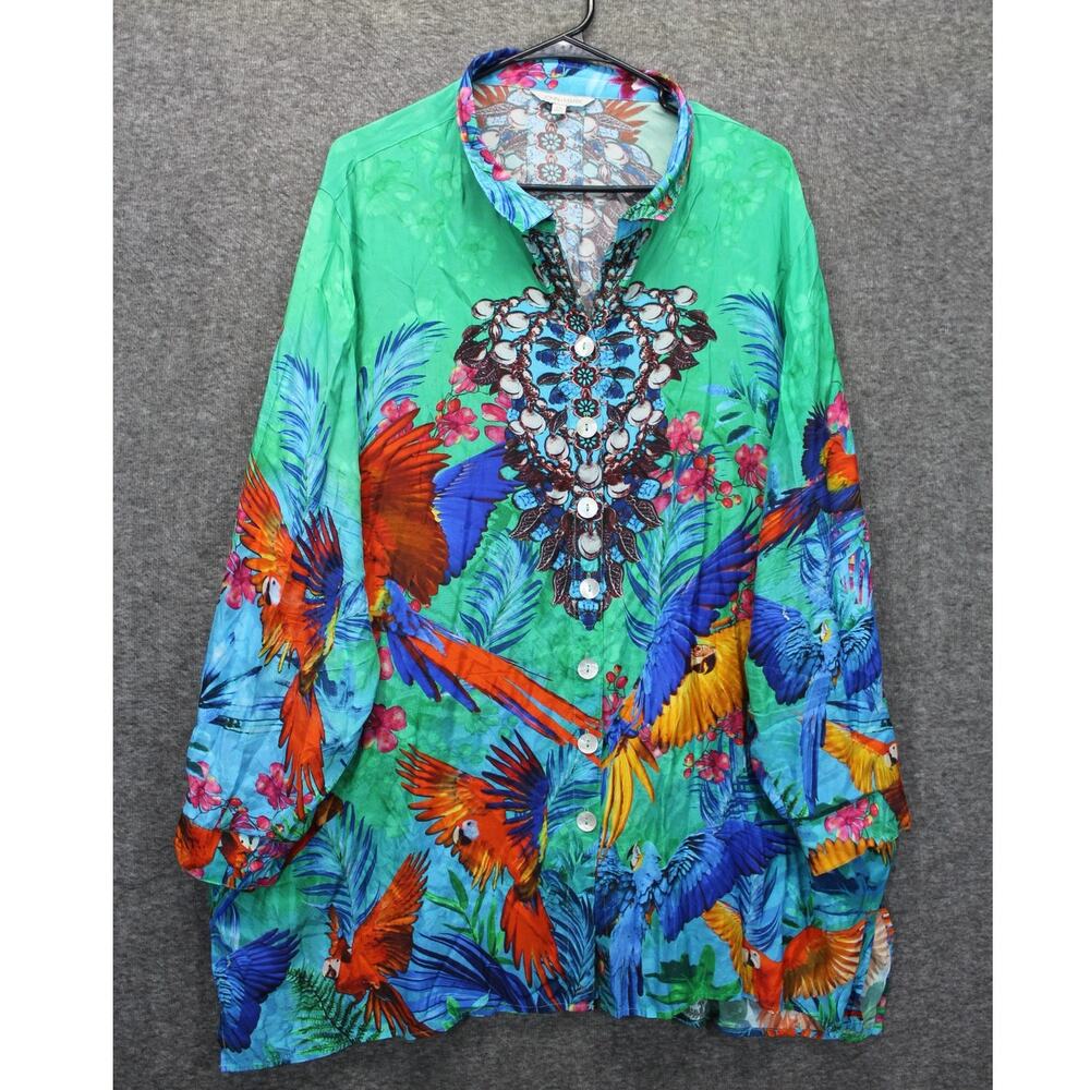 John Mark Womens 2X Blue Tropical Island Parrots Print Button Front Top Shirt